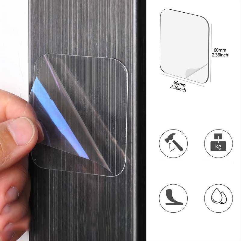 "Självhäftande dubbelsidig transparent akryltejp, stark vattentålig, på olika ytor som glas och trä."