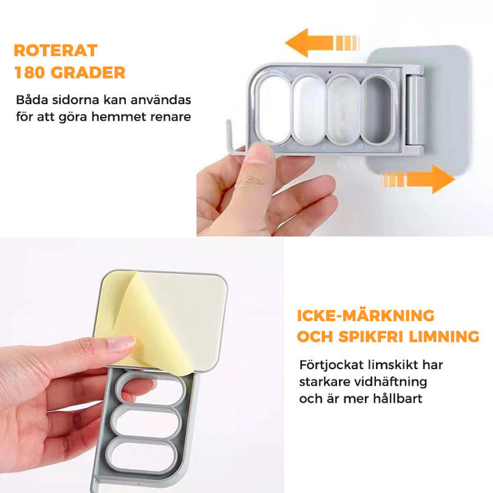 Självhäftande hopfällbar hängare i grå och vit PVC, rotationsdesign, 4 hål och krok, för hemförvaring utan borrning.
