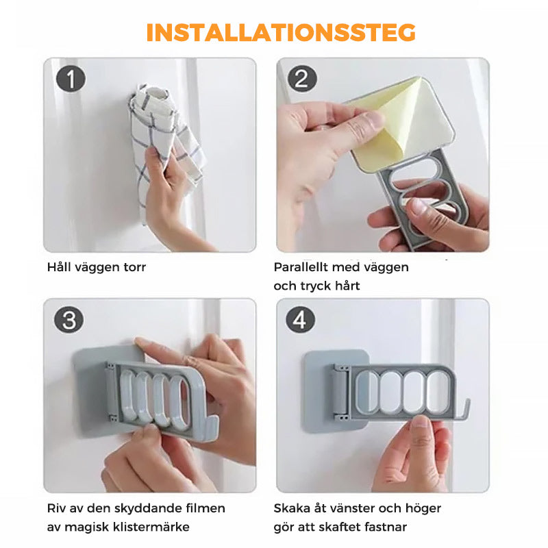 Självhäftande hopfällbar hängare i grå och vit PVC, rotationsdesign, 4 hål och krok, för hemförvaring utan borrning.