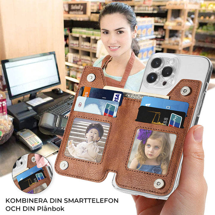 "Självhäftande multikorthållare i PU-läder för mobiltelefon, rymmer 6 kort, elegant och kompakt design för dagligt bruk."