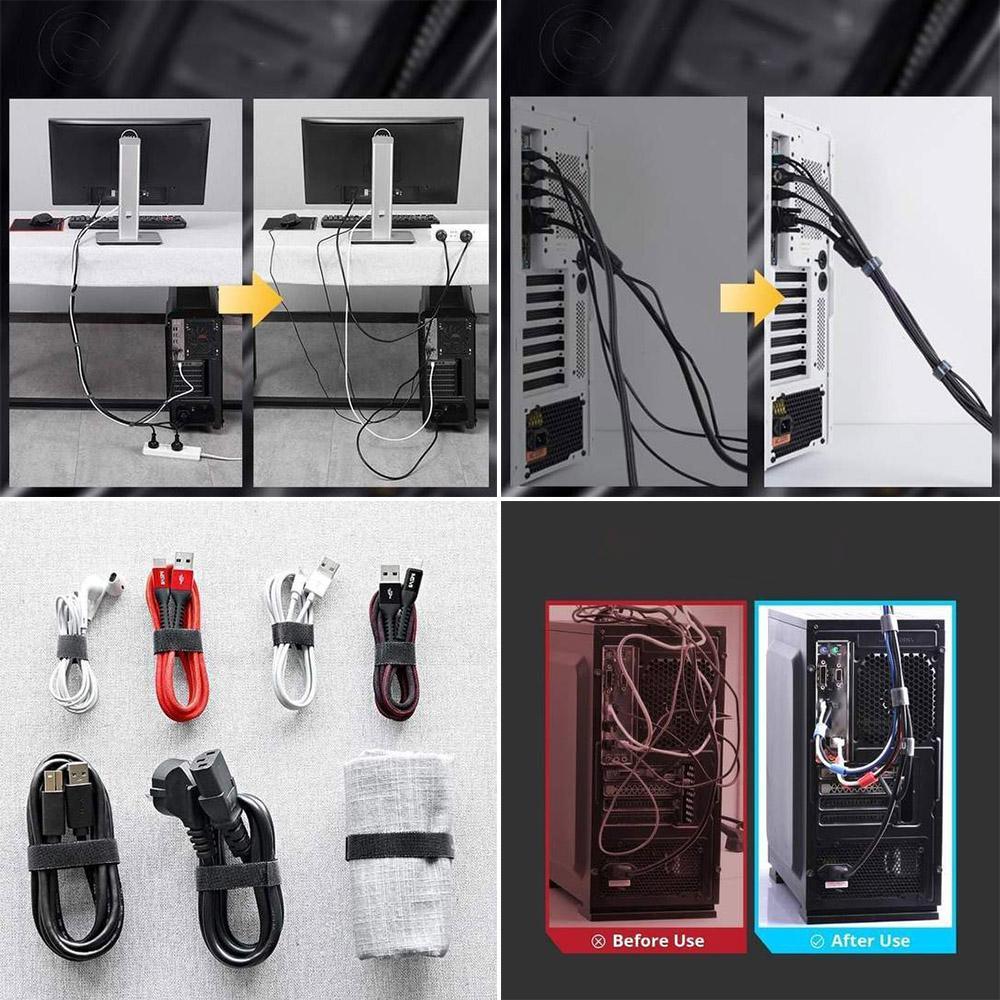 "Självhäftande nylon kablageband i olika färger för kabelhantering och organisering i hem och kontor, justerbar längd."