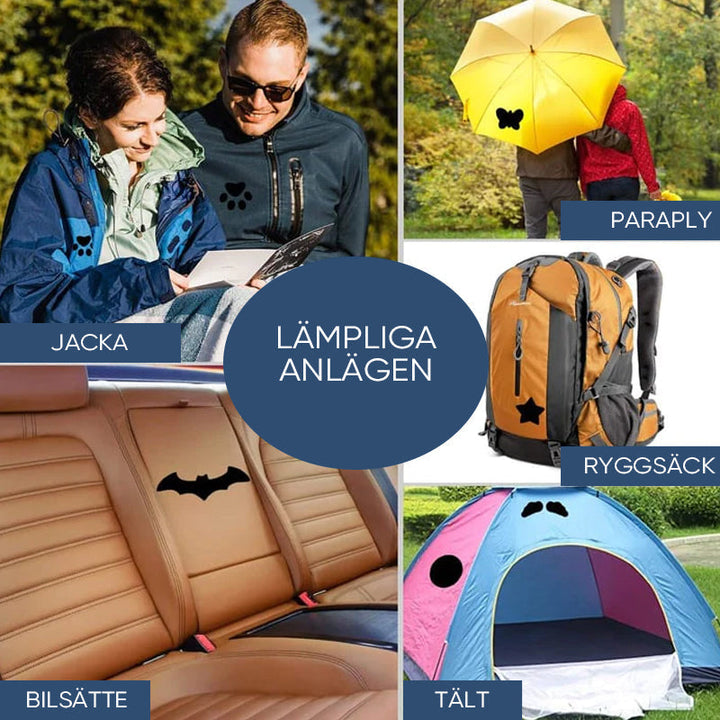 "Självhäftande reparationslappar för vinterjackor i olika färger, perfekt för att snabbt och enkelt reparera jackor."