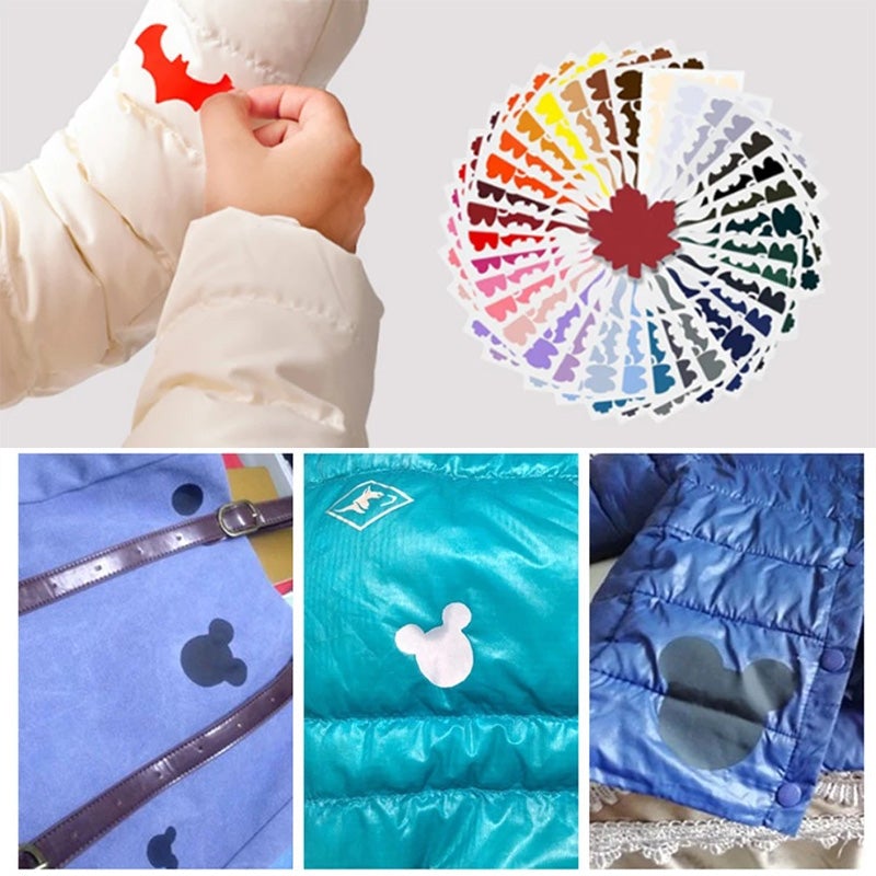 "Självhäftande reparationslappar för vinterjackor i olika färger, perfekt för att snabbt och enkelt reparera jackor."