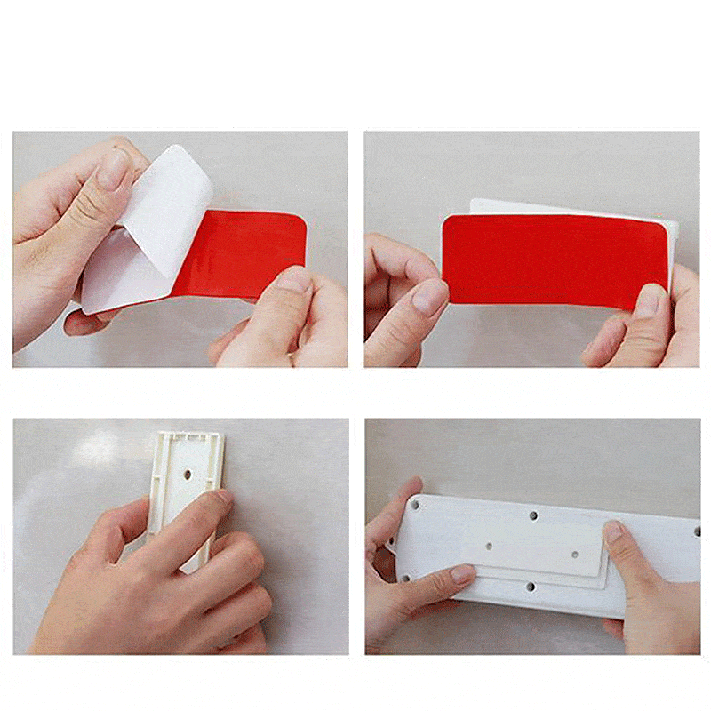 "Självhäftande stansfri sockelhållare, vit, universell för olika ytor, ingen skada vid montering, minimalistisk design."