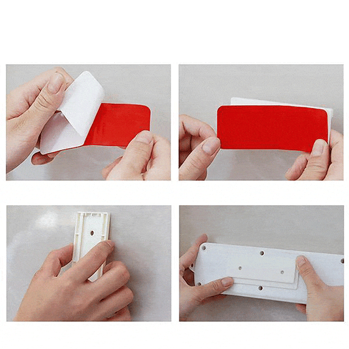 "Självhäftande stansfri sockelhållare, vit, universell för olika ytor, ingen skada vid montering, minimalistisk design."