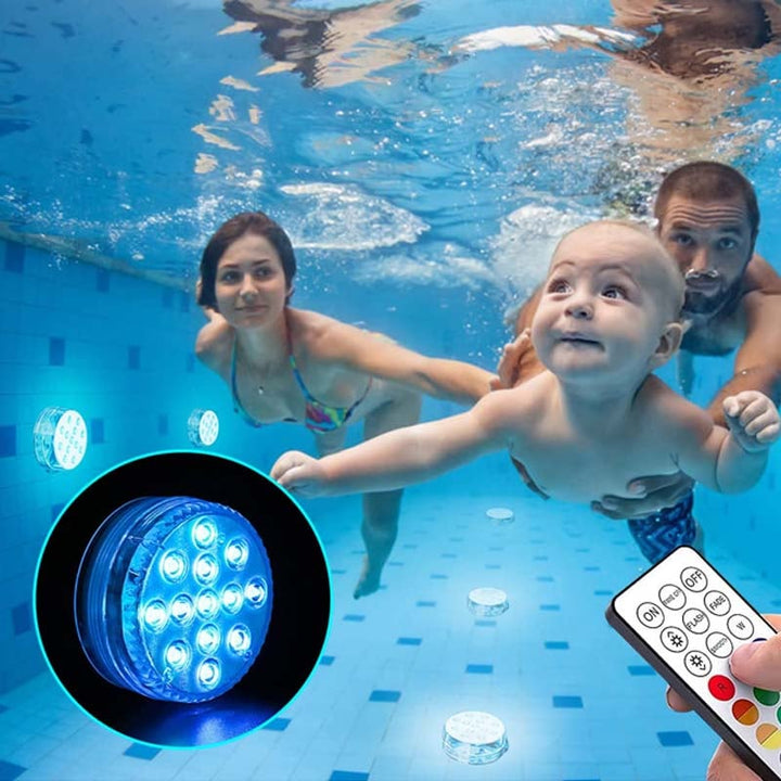 "Självhäftande vattentät LED-poollampa med 16 färger, rund design, RGB-belysning för fest dekor och lugn atmosfär."