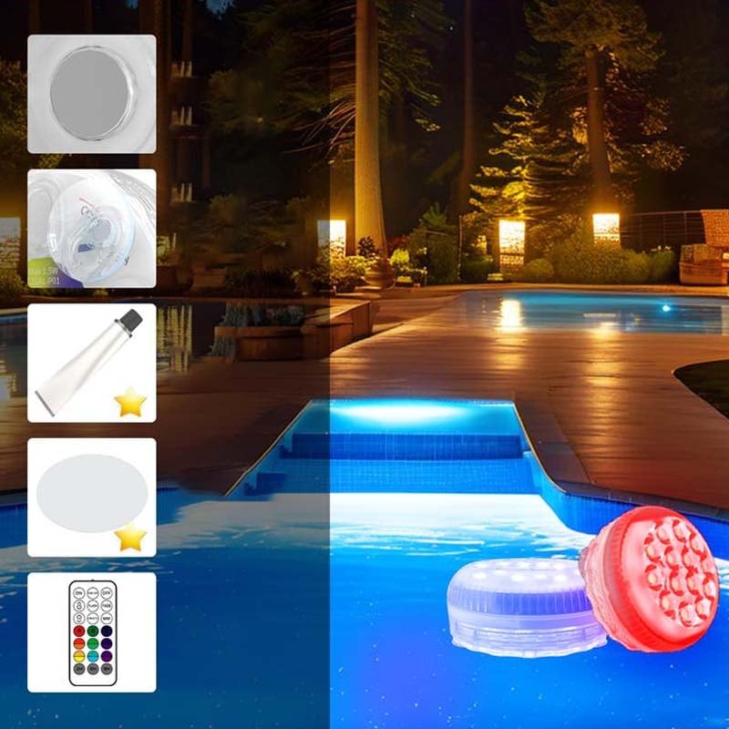 "Självhäftande vattentät LED-poollampa med 16 färger, rund design, RGB-belysning för fest dekor och lugn atmosfär."