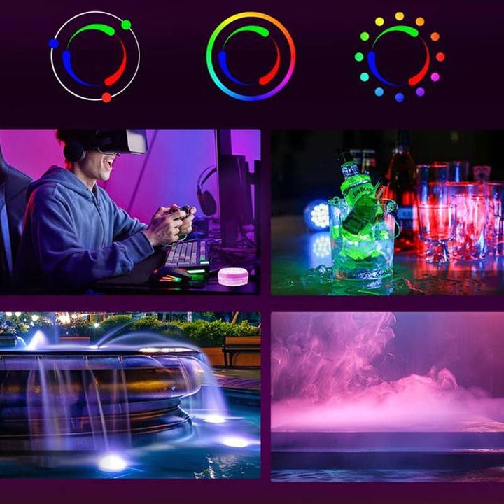 "Självhäftande vattentät LED-poollampa med 16 färger, rund design, RGB-belysning för fest dekor och lugn atmosfär."