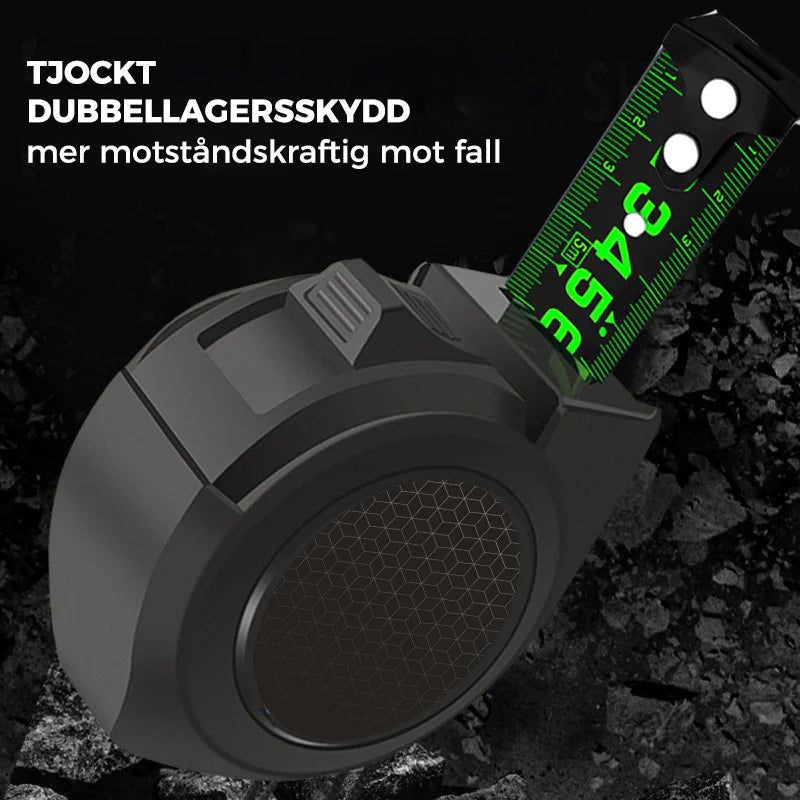 Självlåsande fluorescerande stålmåttband i svart, starkt kolstål med stora synliga siffror, perfekt för precisa mätningar.