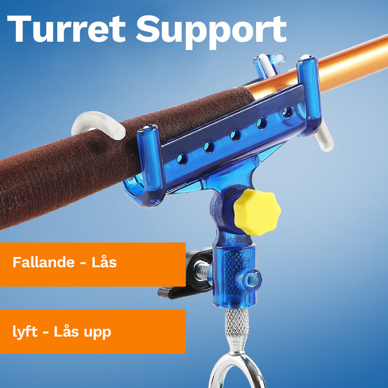 "Självlåsande justerbart fiskespö tornfäste i rostfritt stål, visat med blå och gula detaljer"