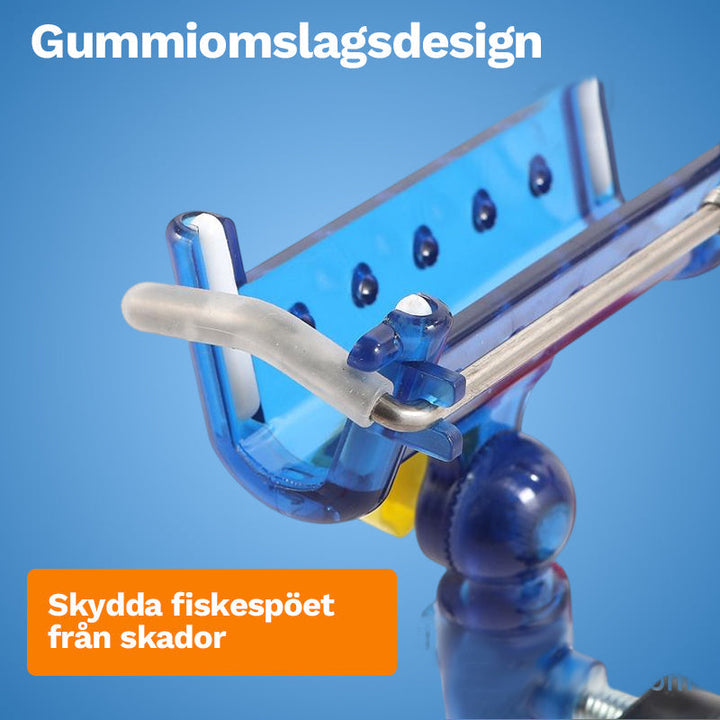 "Självlåsande justerbart fiskespö tornfäste i rostfritt stål, visat med blå och gula detaljer"