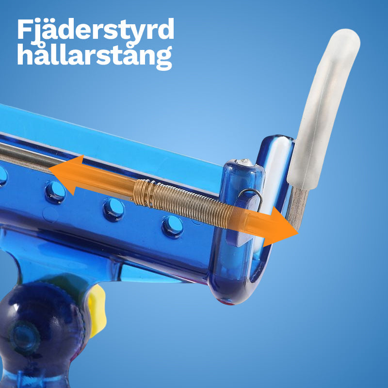"Självlåsande justerbart fiskespö tornfäste i rostfritt stål, visat med blå och gula detaljer"