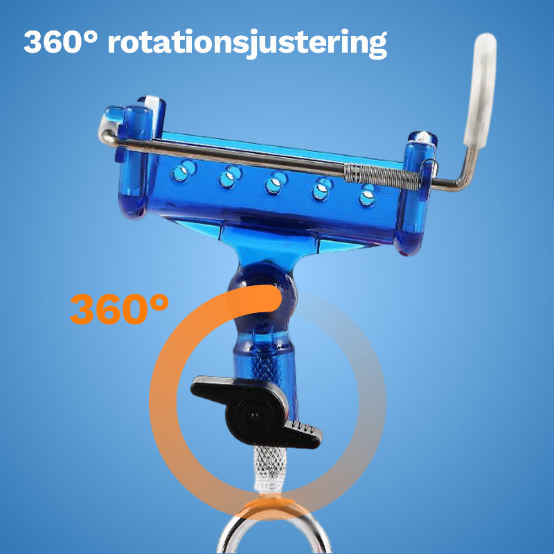 "Självlåsande justerbart fiskespö tornfäste i rostfritt stål, visat med blå och gula detaljer"