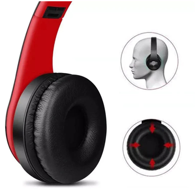 "Självlysande Bluetooth hörlurar med konstläderkåpor, avancerad brusreducering, ergonomisk design; svart och röd färg."