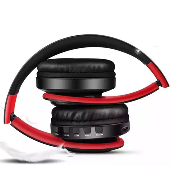 "Självlysande Bluetooth hörlurar med konstläderkåpor, avancerad brusreducering, ergonomisk design; svart och röd färg."
