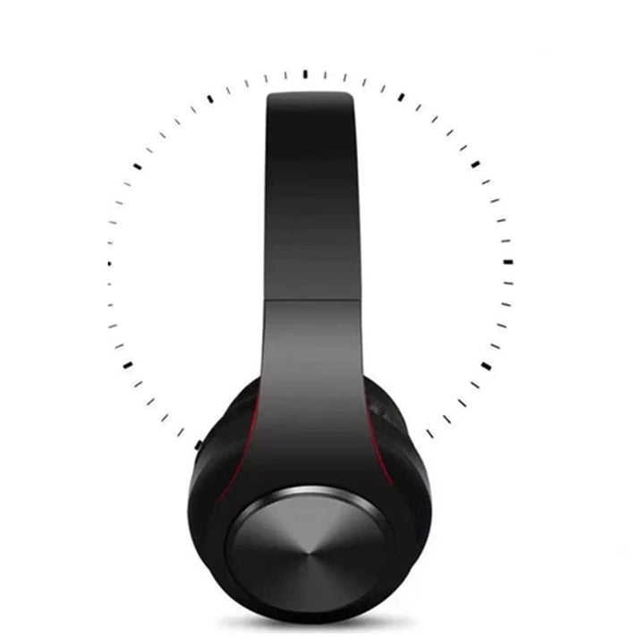 "Självlysande Bluetooth hörlurar med konstläderkåpor, avancerad brusreducering, ergonomisk design; svart och röd färg."