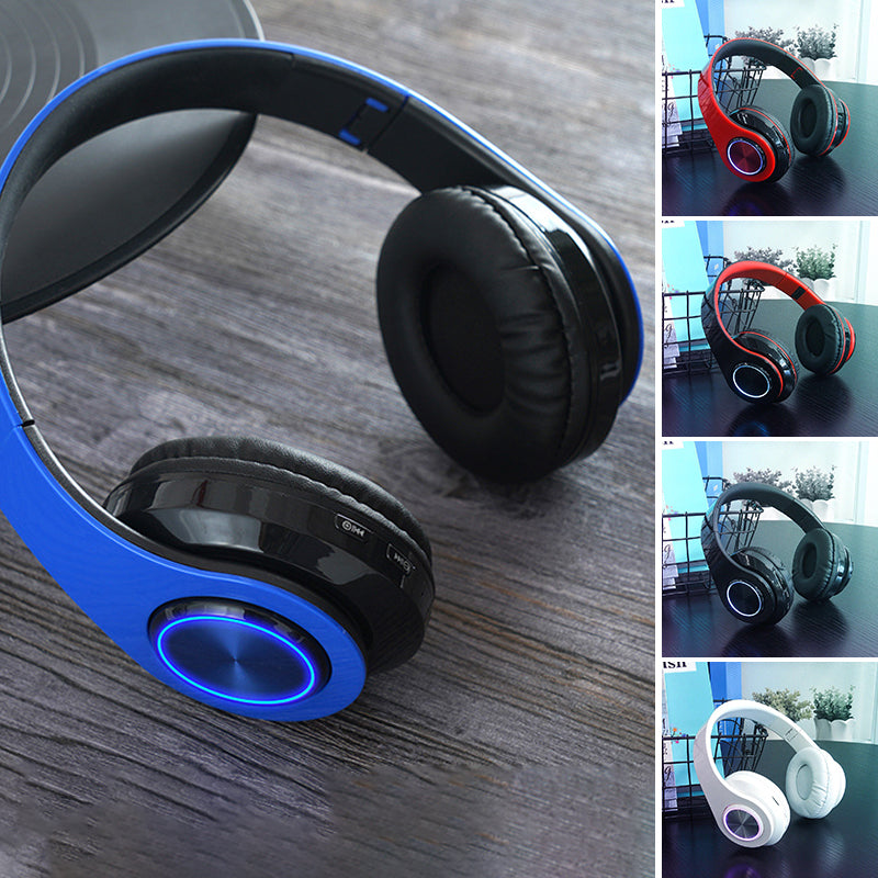 "Självlysande Bluetooth hörlurar med konstläderkåpor, avancerad brusreducering, ergonomisk design; svart och röd färg."