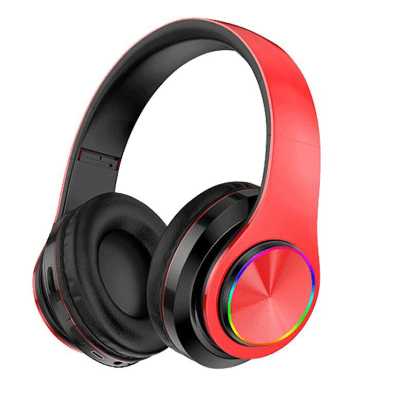"Självlysande Bluetooth hörlurar med konstläderkåpor, avancerad brusreducering, ergonomisk design; svart och röd färg."