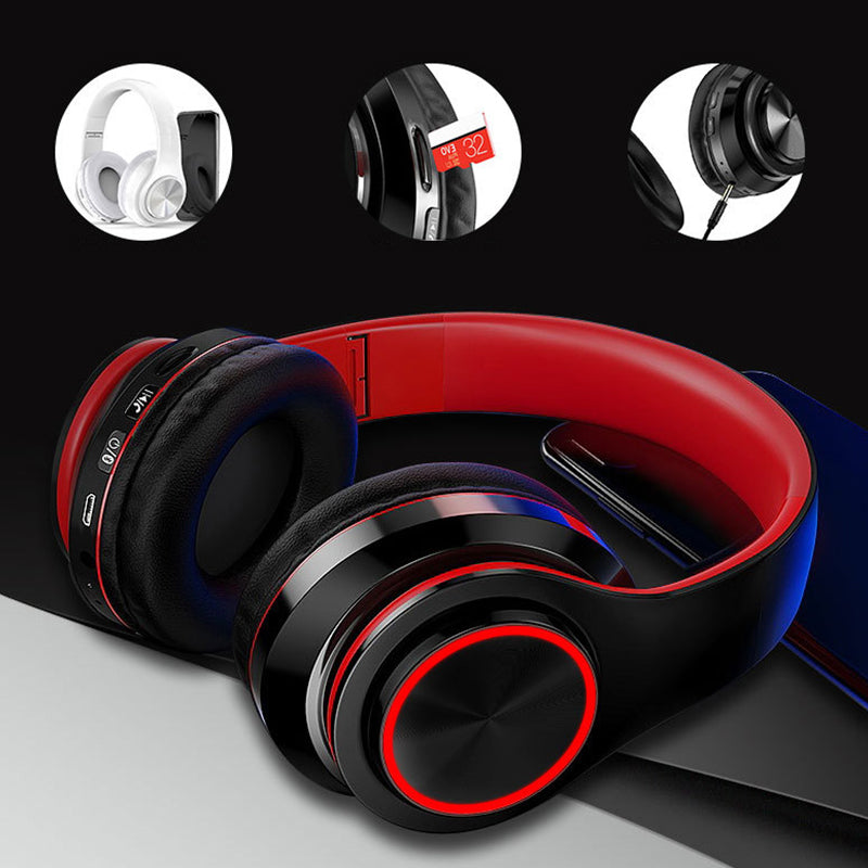 "Självlysande Bluetooth hörlurar med konstläderkåpor, avancerad brusreducering, ergonomisk design; svart och röd färg."