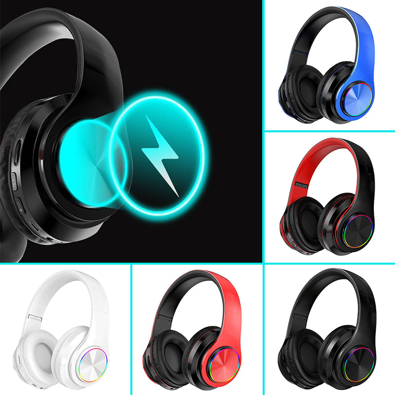 "Självlysande Bluetooth hörlurar med konstläderkåpor, avancerad brusreducering, ergonomisk design; svart och röd färg."