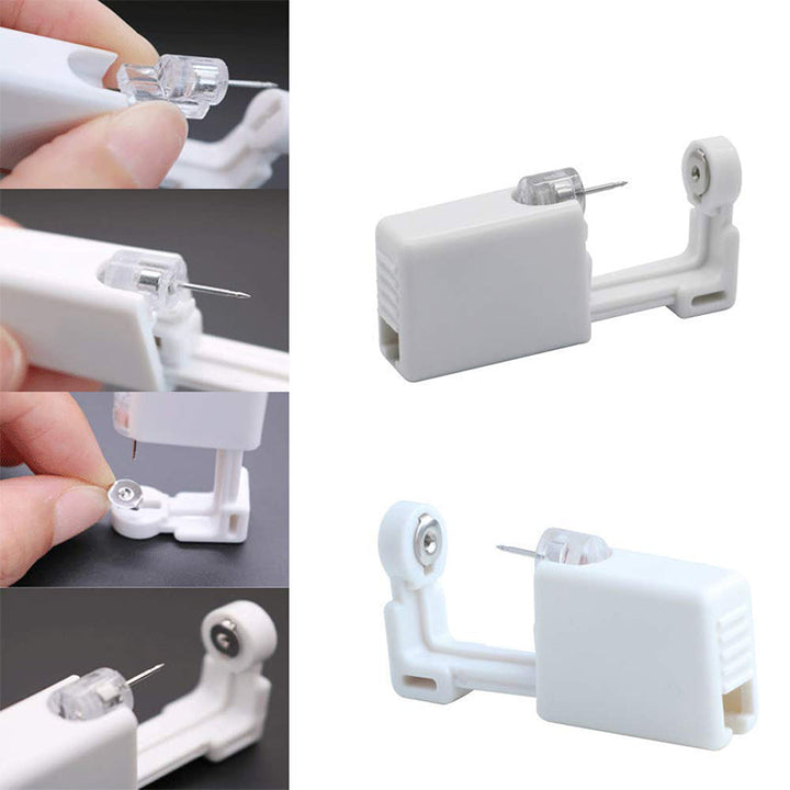 "Självpiercingsats i rostfritt stål med piercingpistol, örhängen och servett för öron och näsa, lämplig för hemmabruk."