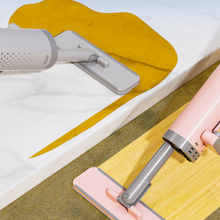 "Självpressande minimopp i kompakt design, rosa, grå eller vit, med mikrofiber för effektiv våt och torr städning."