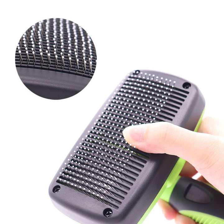 "Självrengörande djurborste för hundar och katter, ergonomisk design med gult handtag, enkel för pälsvård."