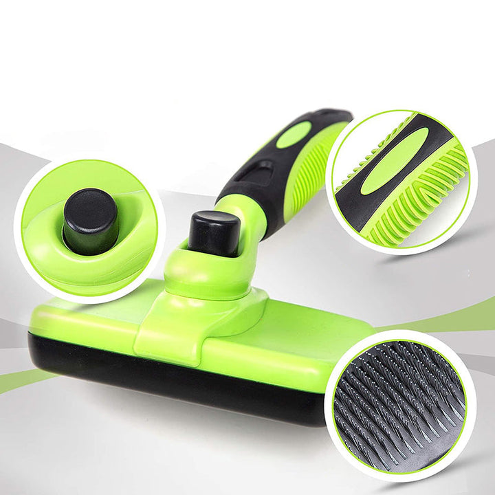 "Självrengörande djurborste för hundar och katter, ergonomisk design med gult handtag, enkel för pälsvård."