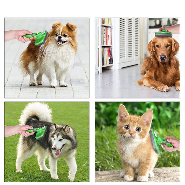 "Självrengörande djurborste för hundar och katter, ergonomisk design med gult handtag, enkel för pälsvård."