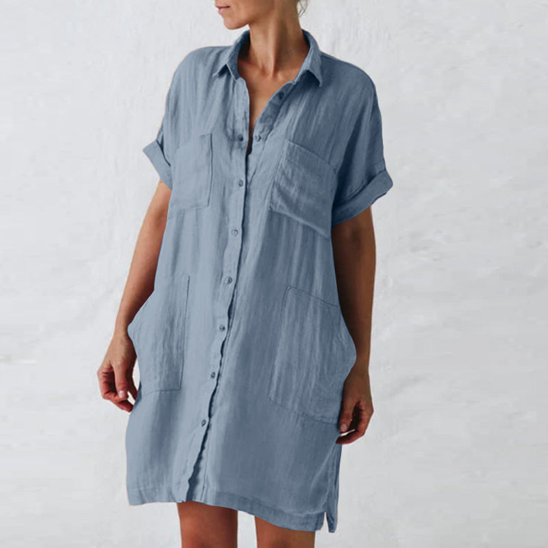 Skjortklänning med ficka i bomullsblandning, kort ärm, skjortkrage, urban casual-stil, vit, rosa, svart, blå.