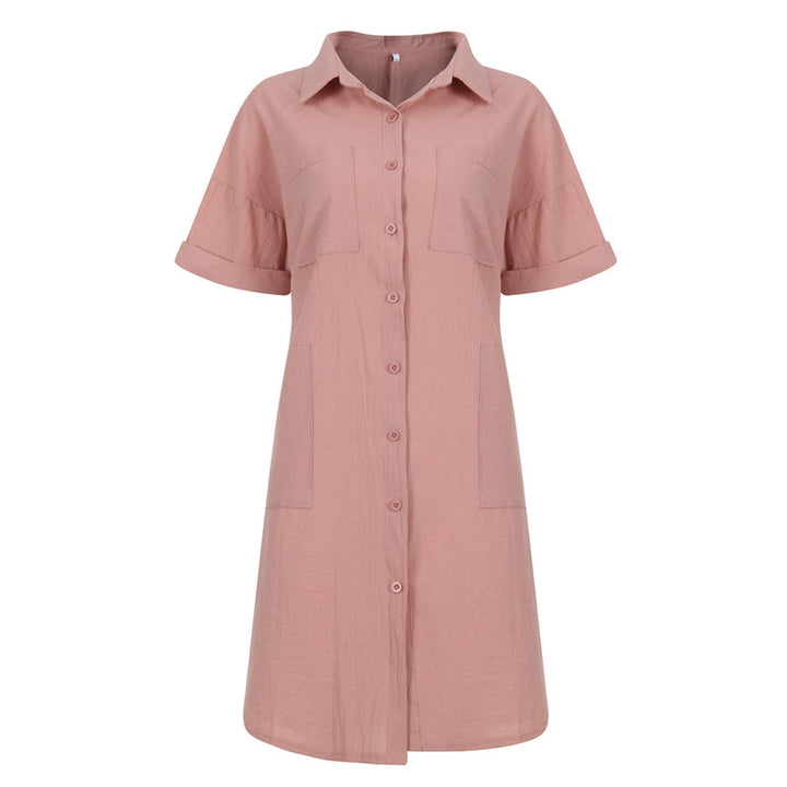 Skjortklänning med ficka i bomullsblandning, kort ärm, skjortkrage, urban casual-stil, vit, rosa, svart, blå.