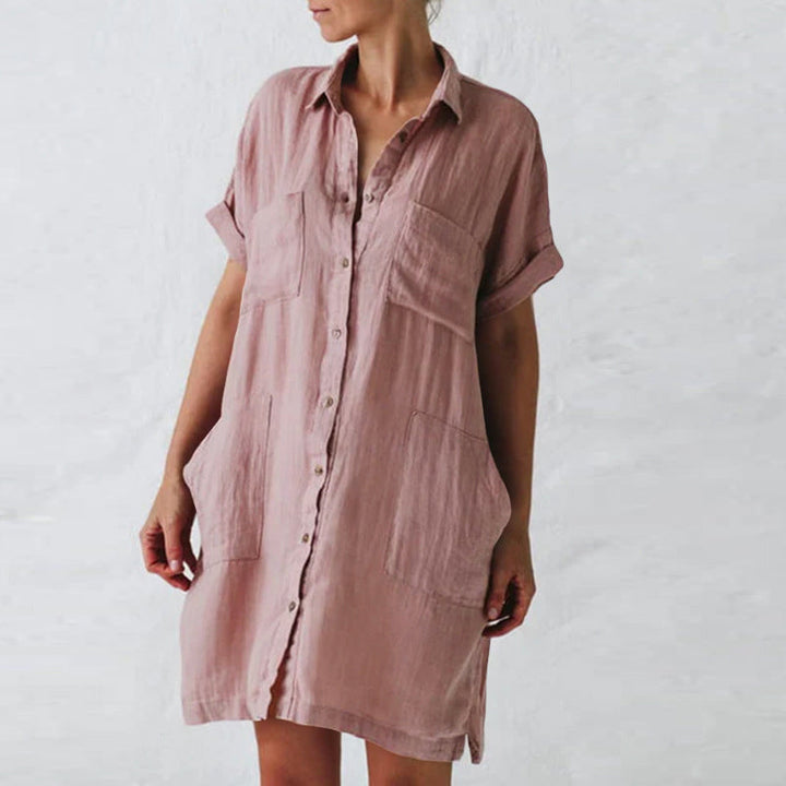 Skjortklänning med ficka i bomullsblandning, kort ärm, skjortkrage, urban casual-stil, vit, rosa, svart, blå.