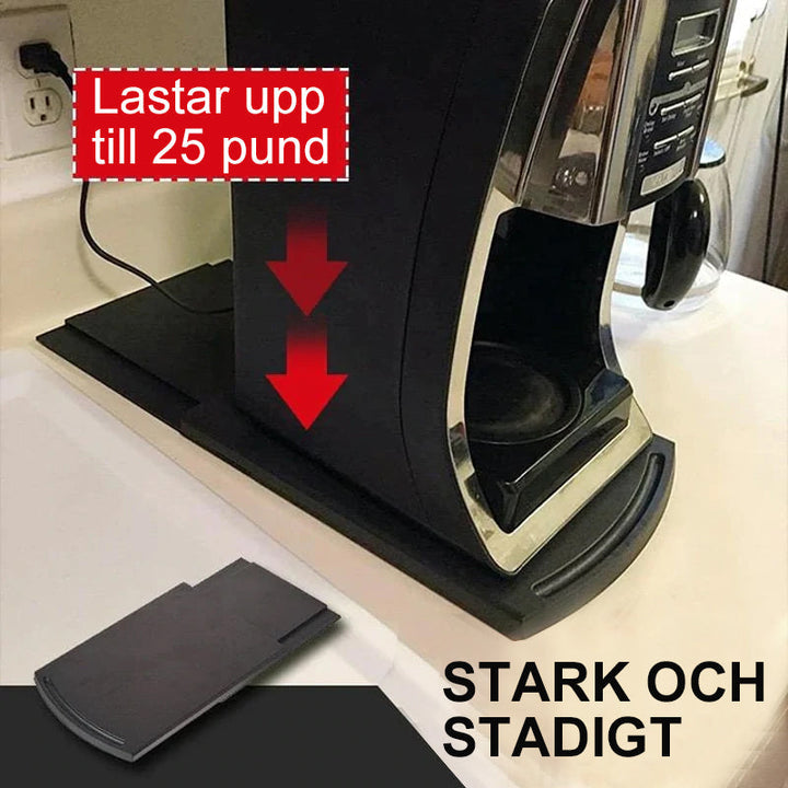 "Skjutbar svart kaffemaskinsbricka av ABS, elegant och robust, för köksapparater som kaffemaskiner och mixers."