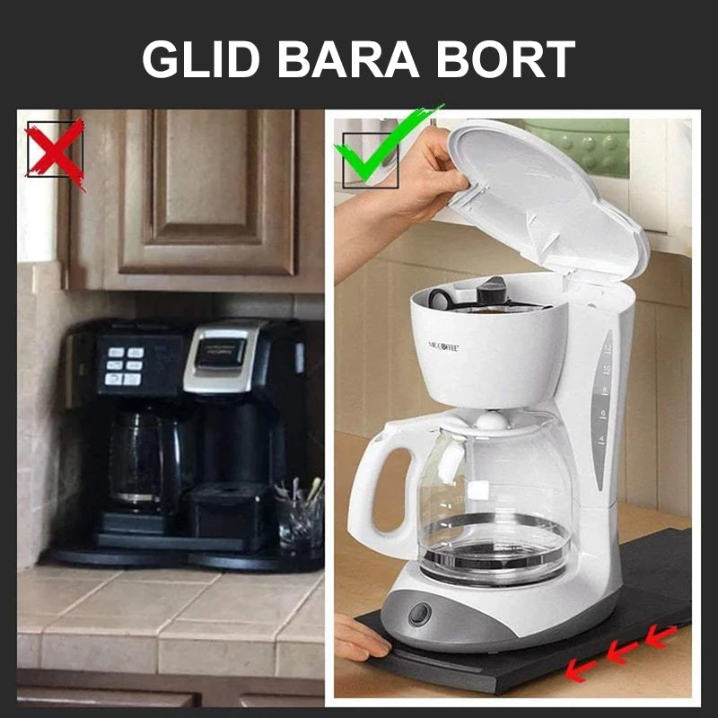 "Skjutbar svart kaffemaskinsbricka av ABS, elegant och robust, för köksapparater som kaffemaskiner och mixers."