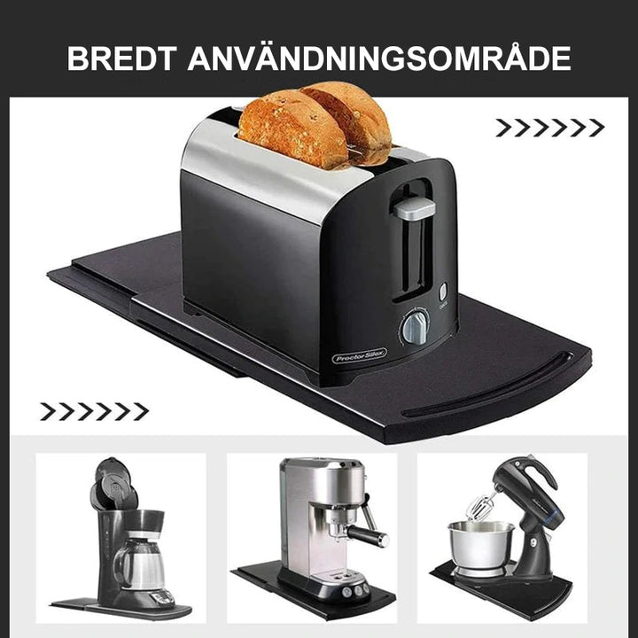 "Skjutbar svart kaffemaskinsbricka av ABS, elegant och robust, för köksapparater som kaffemaskiner och mixers."