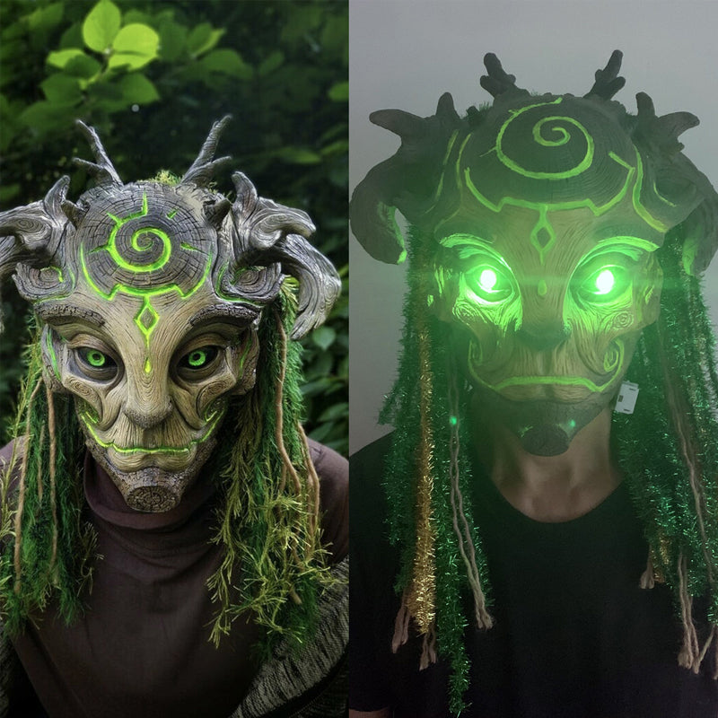 "Skogens Ande Halloween-mask med lysande gröna ögon, mystisk design, perfekt för cosplay och Halloween-evenemang."