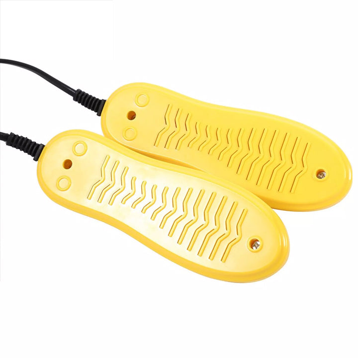 "Skotork med violett ljus, gul plast, kompakt form för effektiv torkning och hygien av skor och handskar."