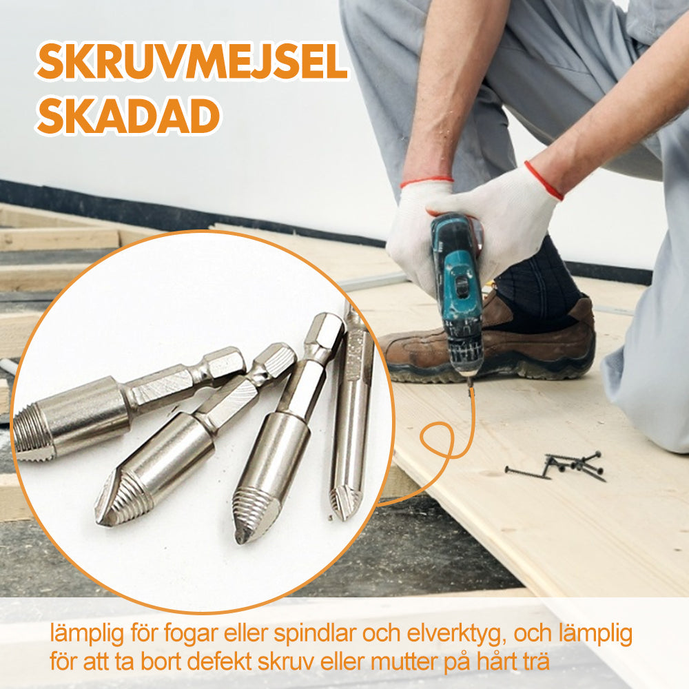 "Skruvborttagare verktygskit visas med fem delar i slitstarkt stål för enkel borttagning av skadade skruvar."
