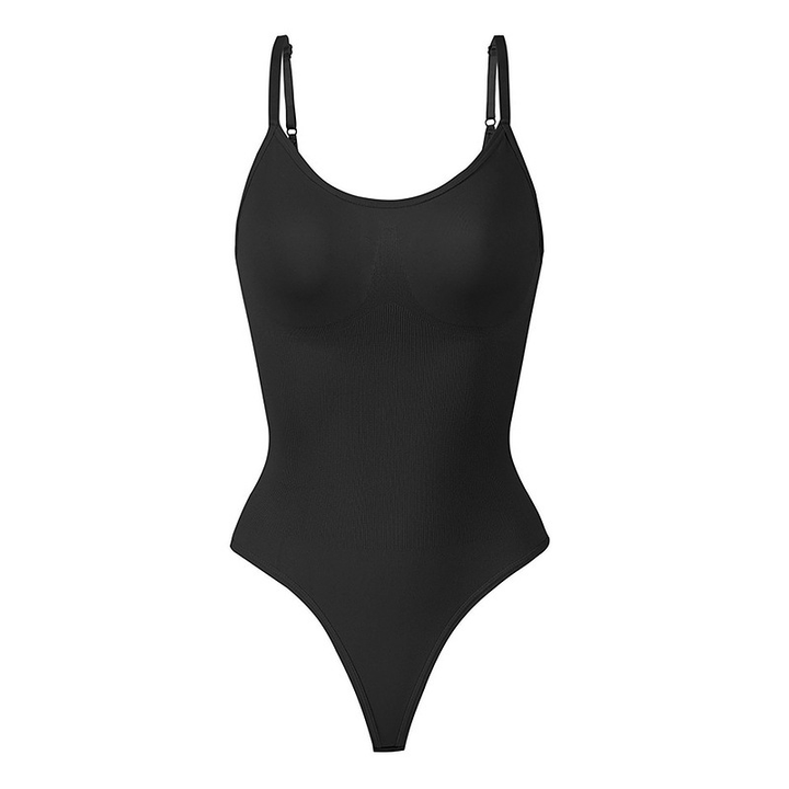 "Skulpterande damkroppsformande jumpsuit i svart med justerbara remmar, formar kurvor och ger en elegant silhuett."