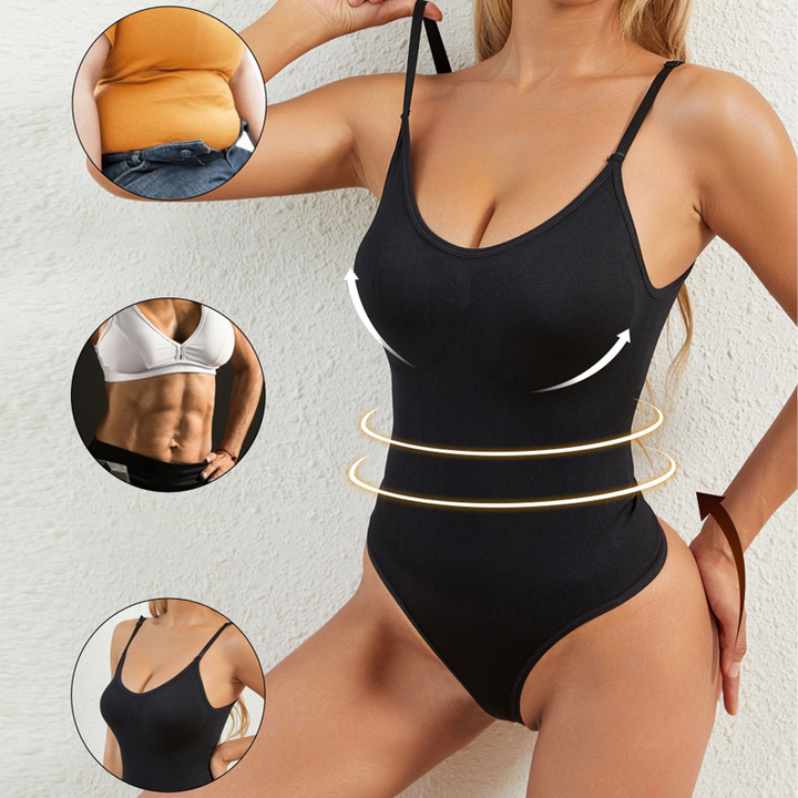 "Skulpterande damkroppsformande jumpsuit i svart med justerbara remmar, formar kurvor och ger en elegant silhuett."
