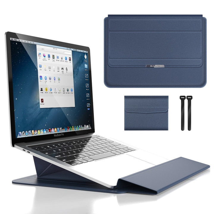 Smidigt laptopfodral med stativ, perfekt för bärbar användning vid arbete, studier och resor. Magnetisk.