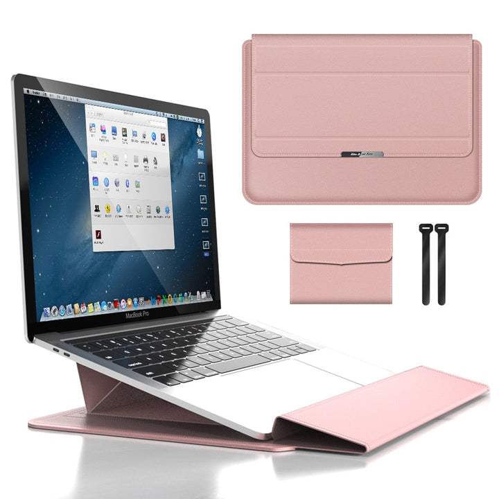 Laptopväska med magnetisk stängning och inbyggt ergonomiskt stativ. Säkert skydd för din bärbara.