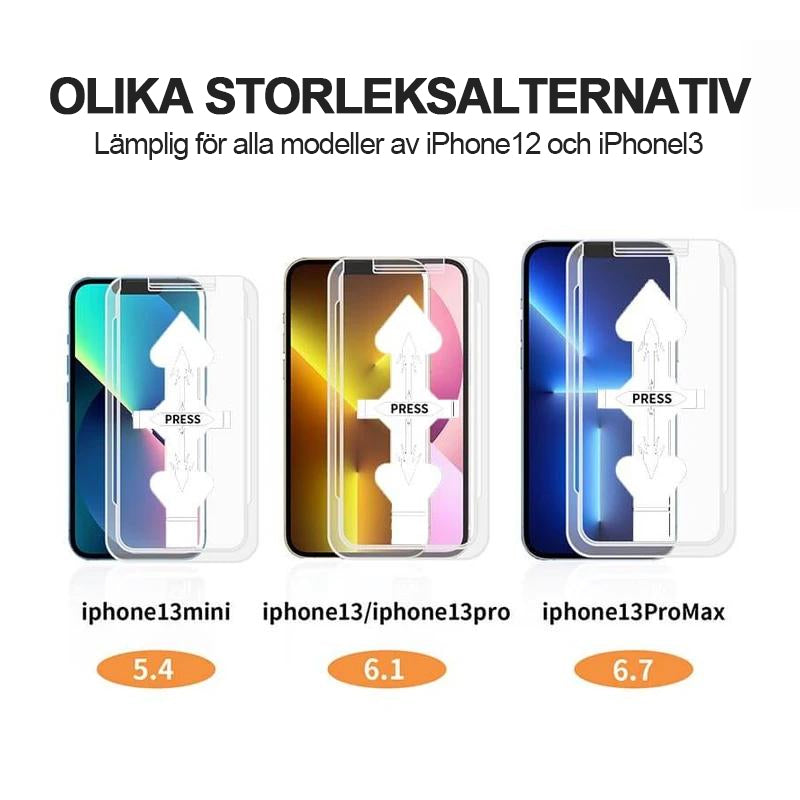 "Skyddsfilm för iPhone i härdat glas med automatisk justering, reptålig, HD-sikt och fingeravtrycksskydd."