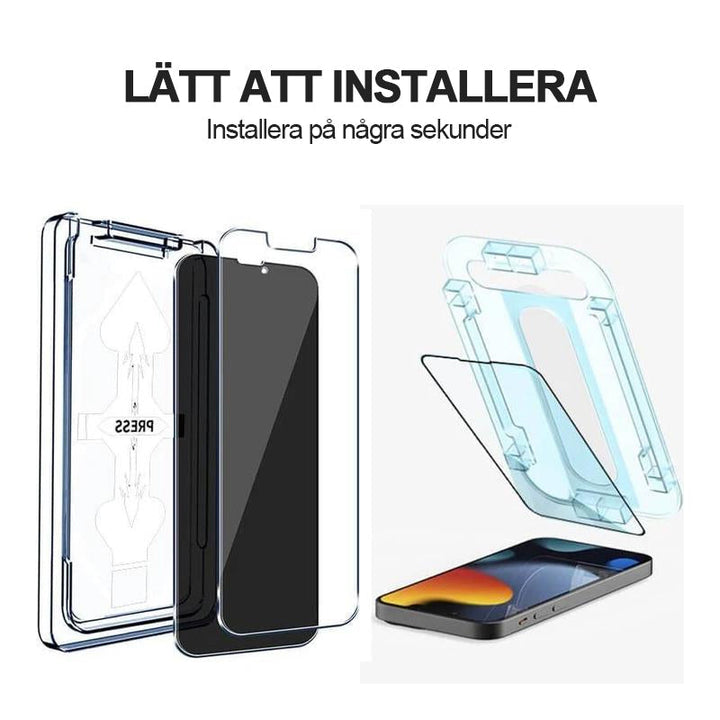 "Skyddsfilm för iPhone i härdat glas med automatisk justering, reptålig, HD-sikt och fingeravtrycksskydd."