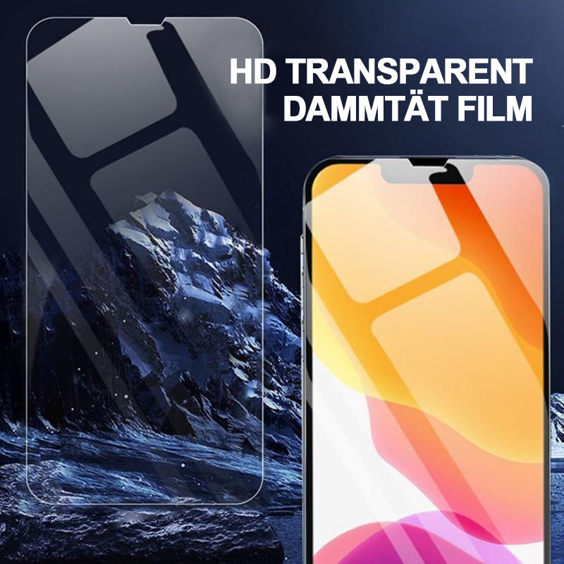 "Skyddsfilm för iPhone i härdat glas med automatisk justering, reptålig, HD-sikt och fingeravtrycksskydd."