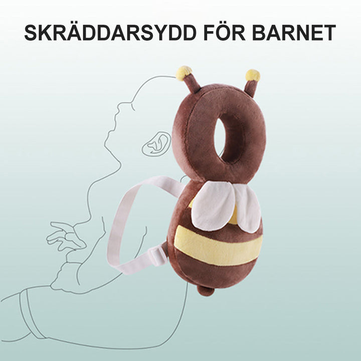 "Skyddsryggsäck för bebisar, gul/brun bi, med justerbara remmar, stötskydd och hål för huvud i ryggen, 35x16 cm."