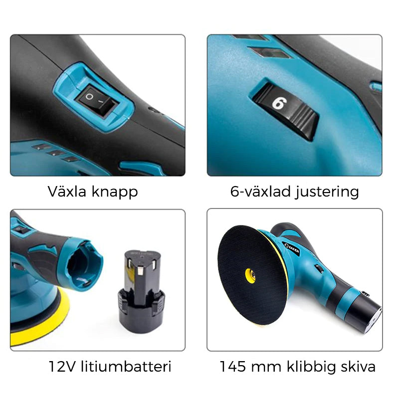 "Sladdlös bärbar bilbuffertpolerare i kompaktdesign, svart, med justerbar hastighet och lång batteritid för polering."