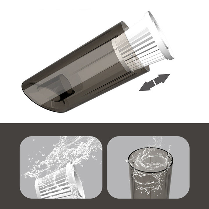 Sladdlös handdammsugare, vit/svart, för hem och bil, lätt och ergonomisk design för snabb städning av svåråtkomliga områden.