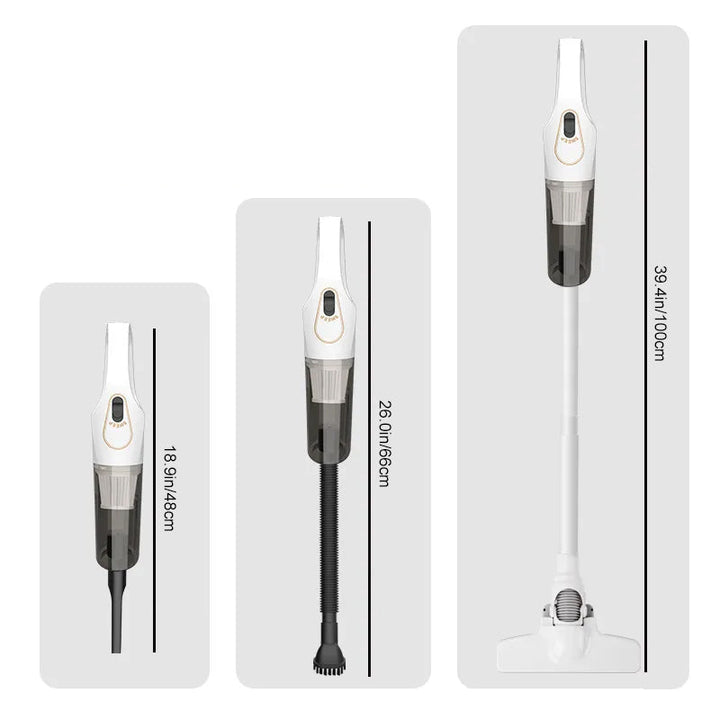 Sladdlös handdammsugare, vit/svart, för hem och bil, lätt och ergonomisk design för snabb städning av svåråtkomliga områden.