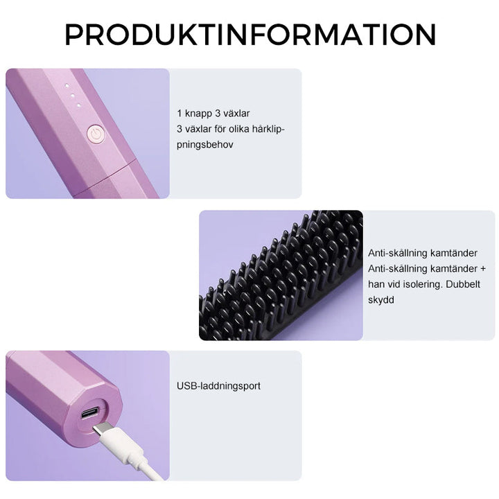 "Sladdlös plattång borste i lila, silkeslent hår, kompaktdesign, USB-laddning, 3 temperaturinställningar, anti-skållningsdesi